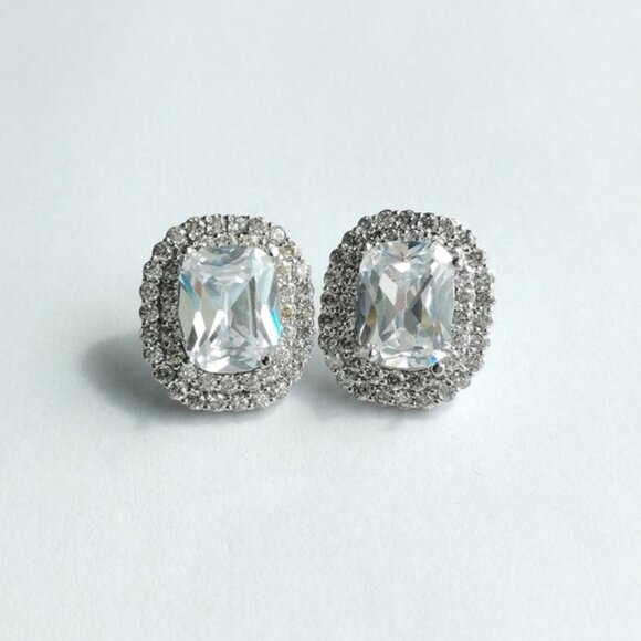 Emerald cut CZ Double Halo stud earrings - Picture 2 of 9